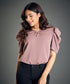 Bow Notch Sleeve Detailed Brown Top